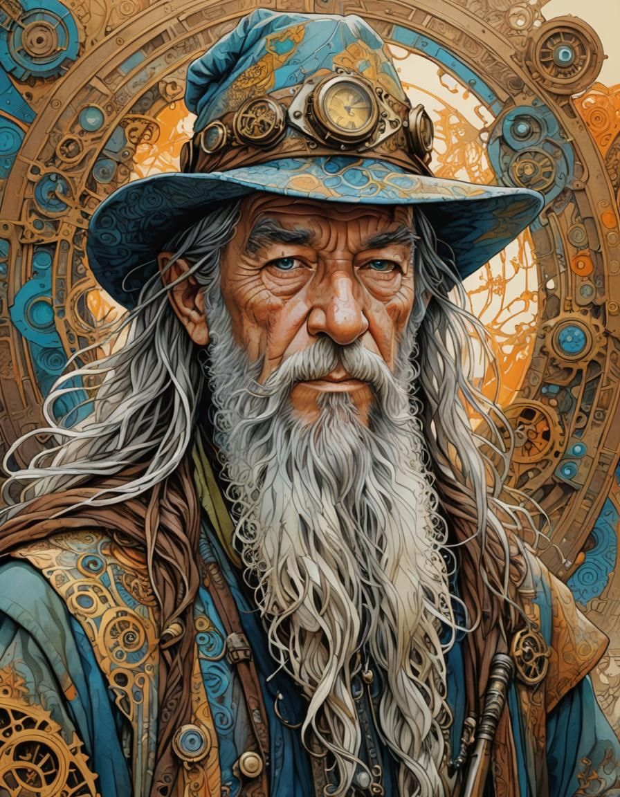 Steampunk Gandalf Portrait in Mixed Media Style