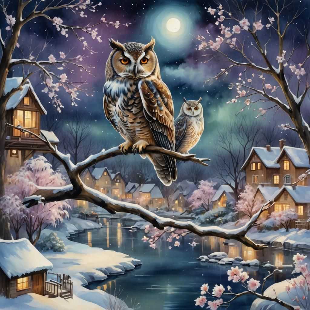 Owl in Winter Wonderland: Hyper-Realistic Village Scene