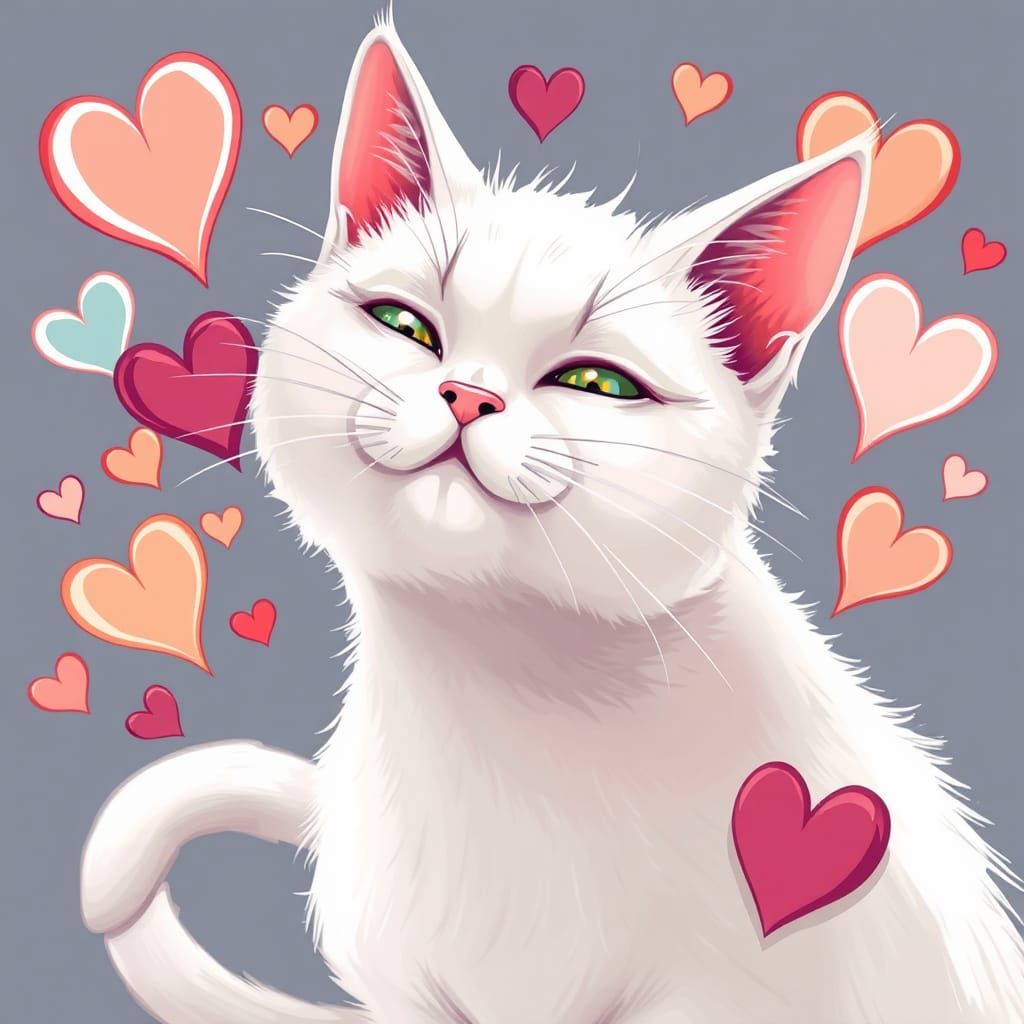 Playful White Cat Spreading Love, Comic Book Style
