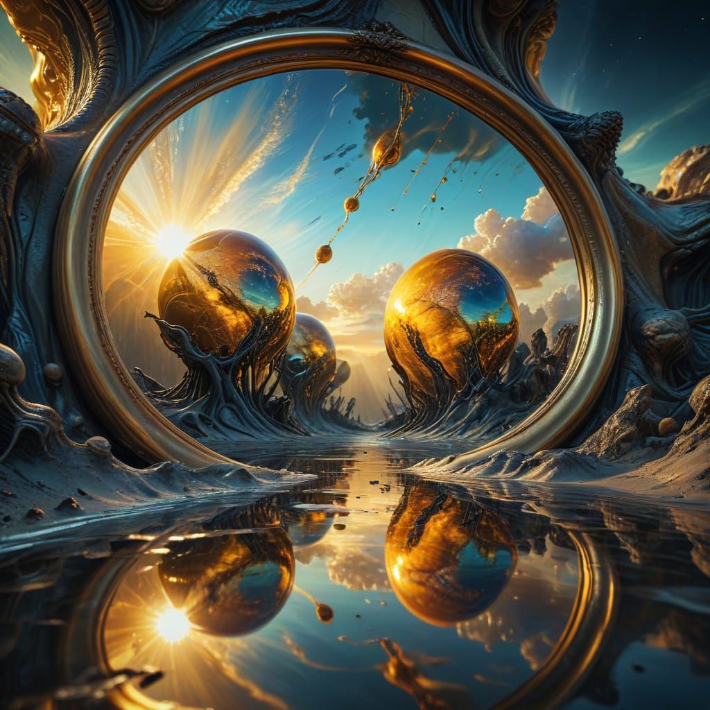Surreal Mirror Reflecting Alien Worlds in Golden Light