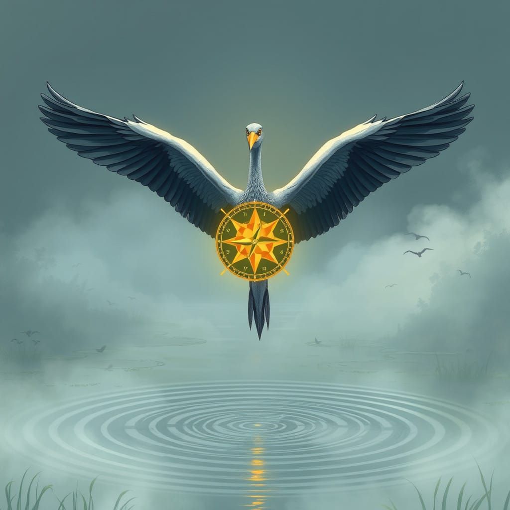 Heron Traces Celestial Balance in Majestic Flight