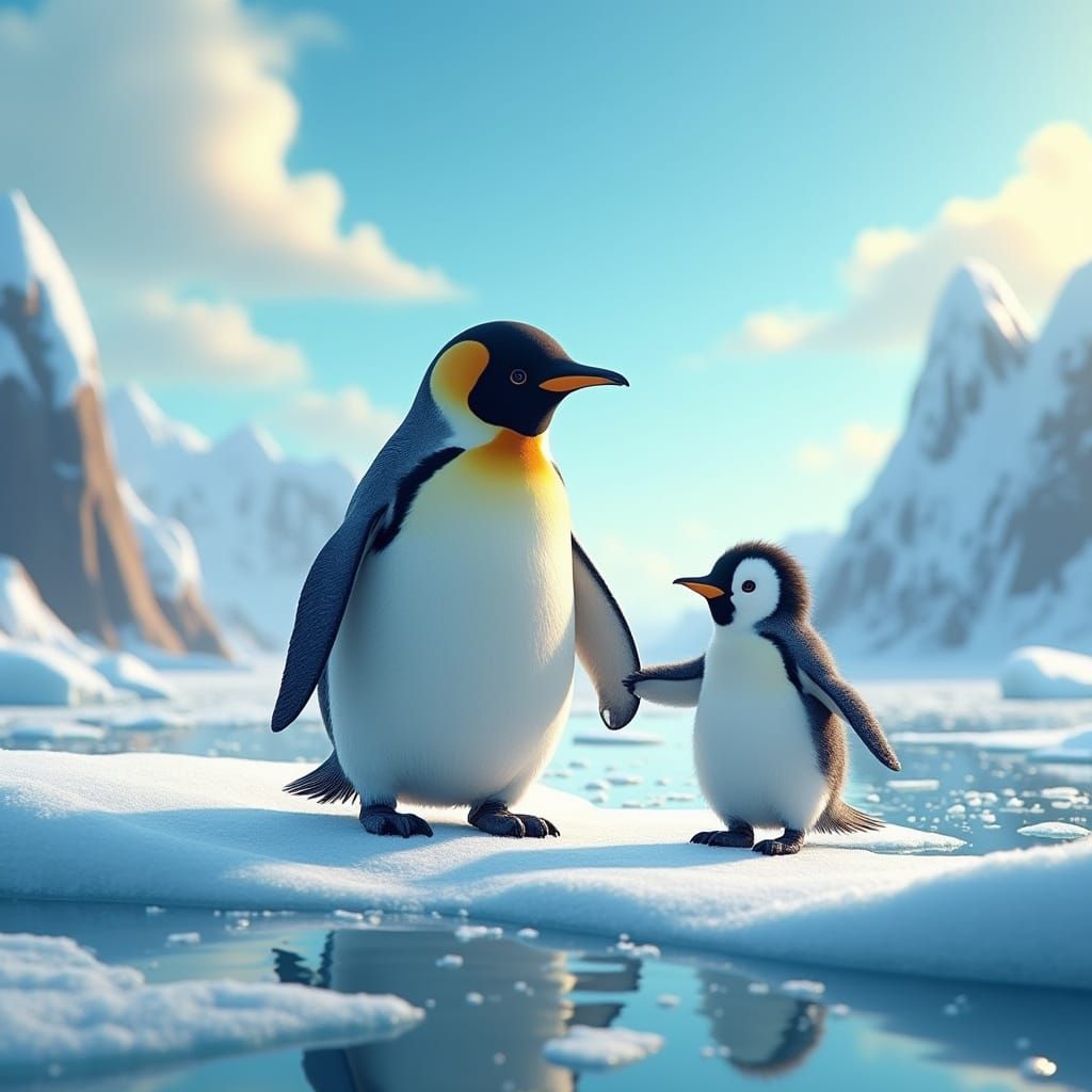 Penguins Holding Hands on Icy Terrain