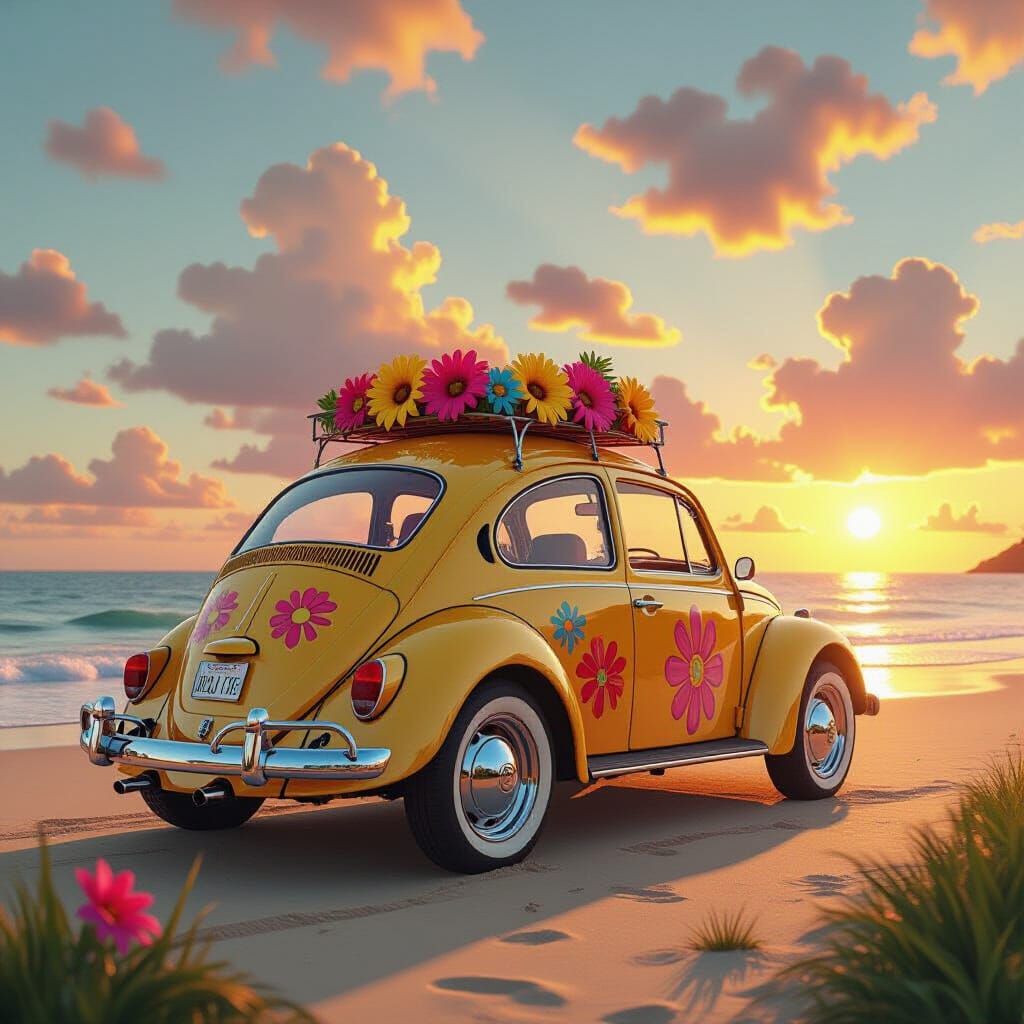 Hippie VW Beetle at Sunset in Hyper-Realism Style