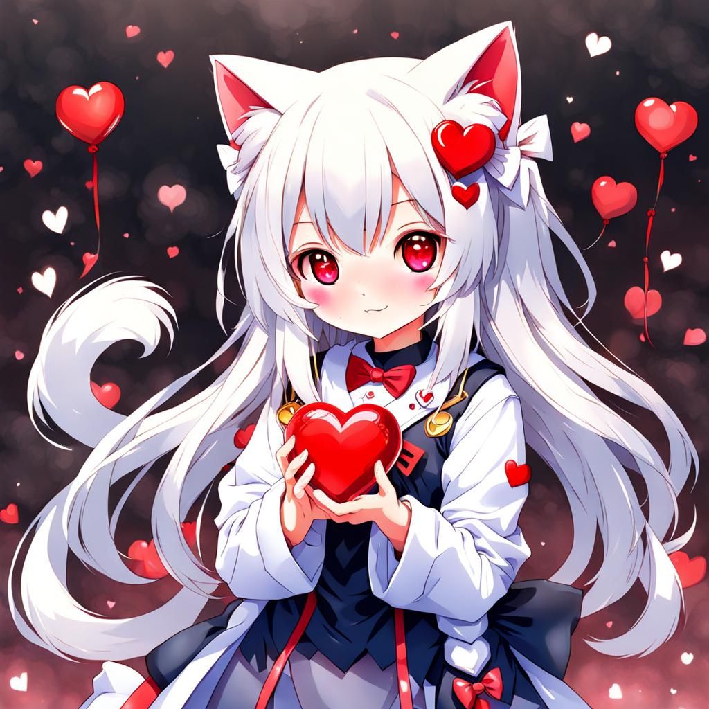Anime Catgirl Holding Heart Digital Art