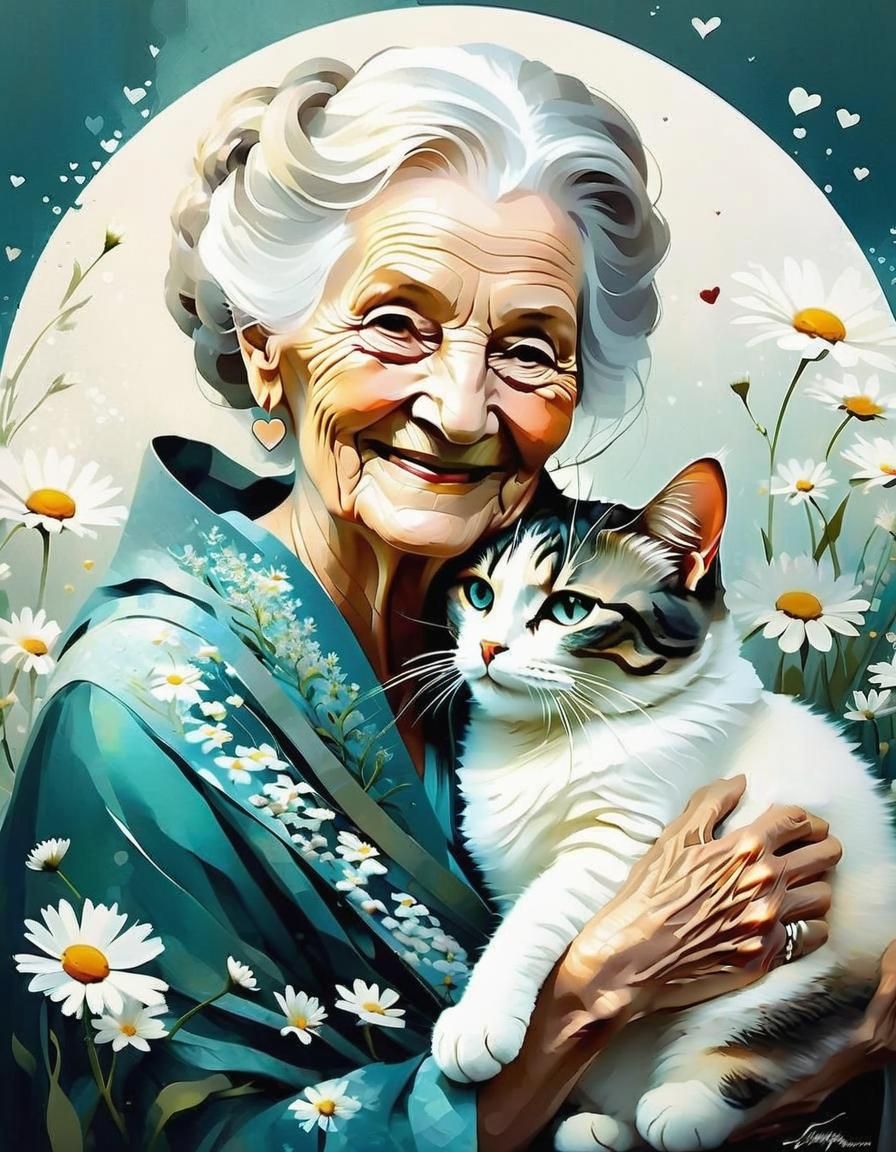 Touching Portrait of Woman and Cat Surrounded by Love