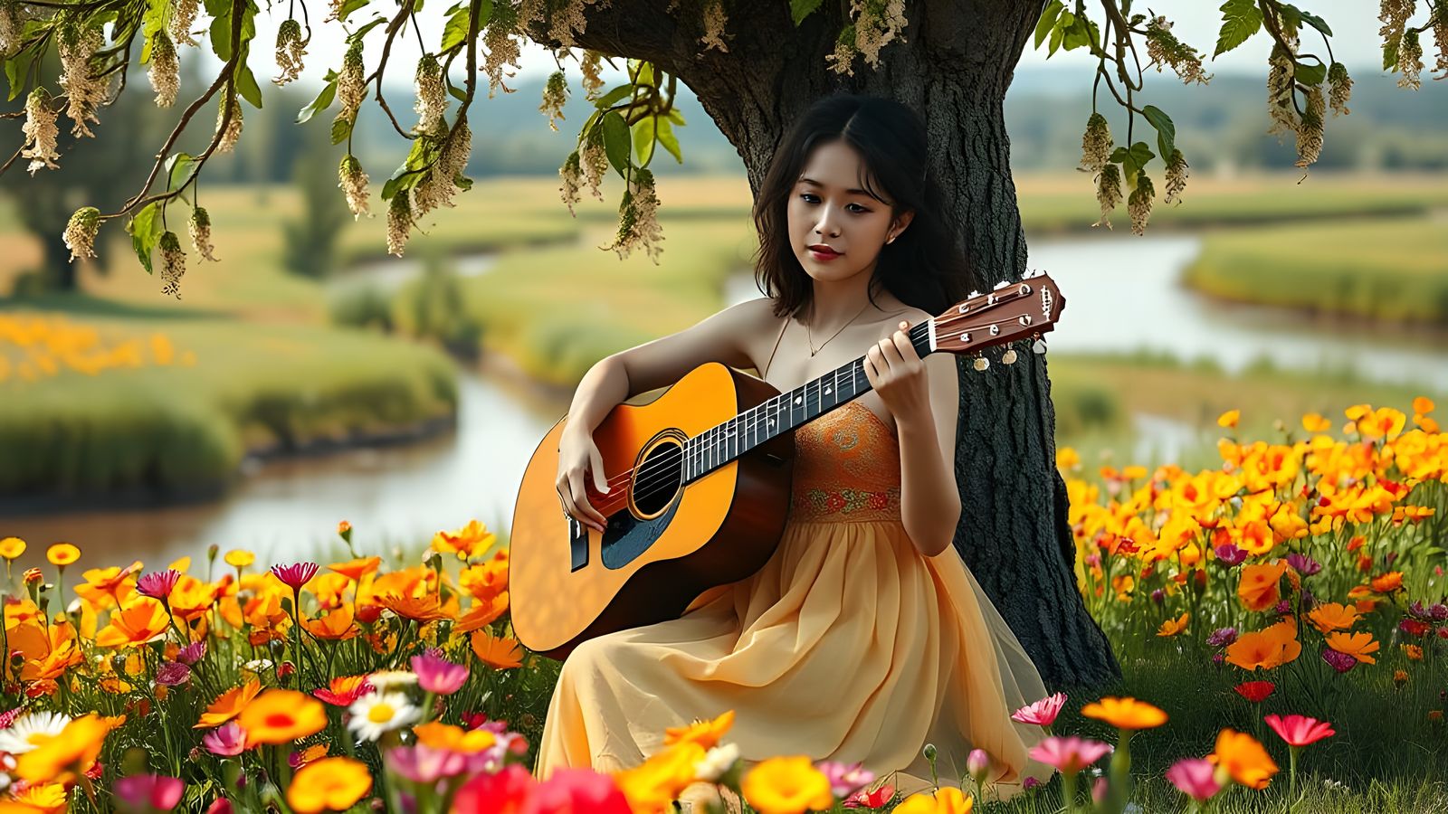 Woman Playing Guitar in Flower Field, 8K