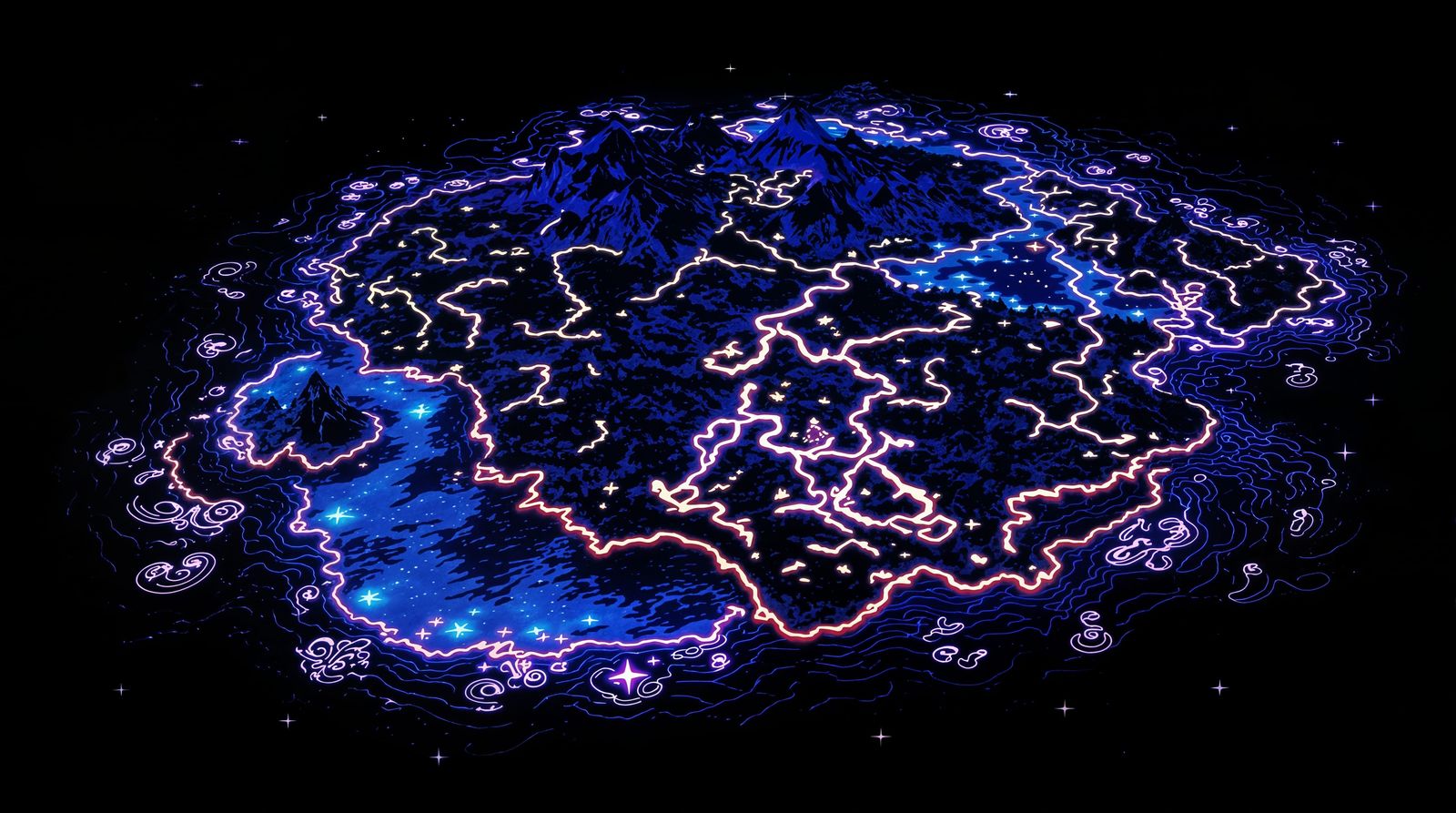 Glowing Tropical Island Map in Cyberpunk Style