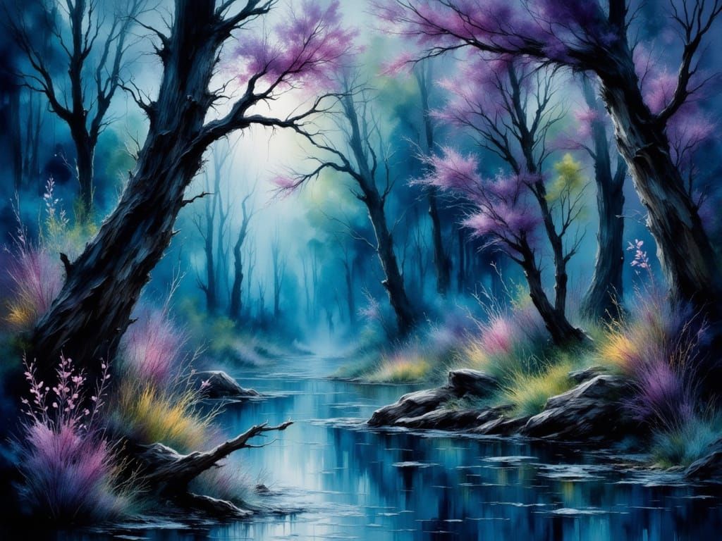 Swamp at Dusk in Watercolor and Impasto Style