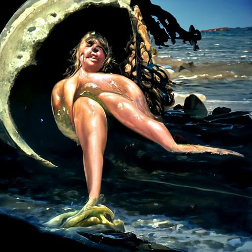 Moonlit Mermaid Beached: An Oil Painting Fantasy