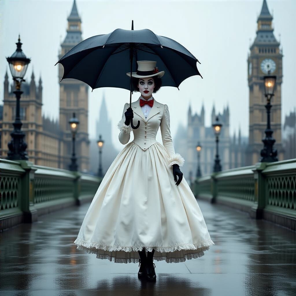 Mary Poppins wearing white victorian latex attire