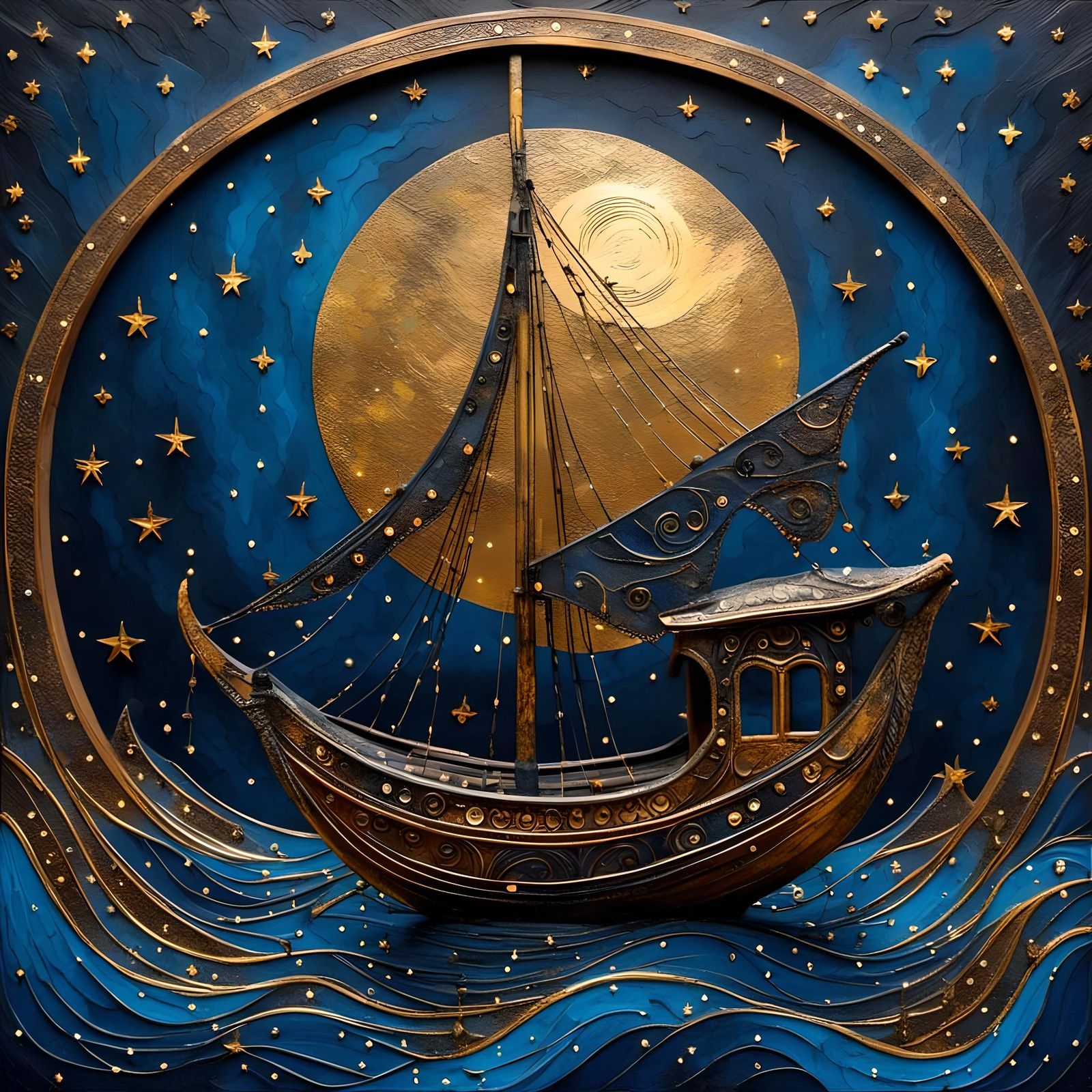Antique Gypsy Boat on Starry Night: Digital Watercolor