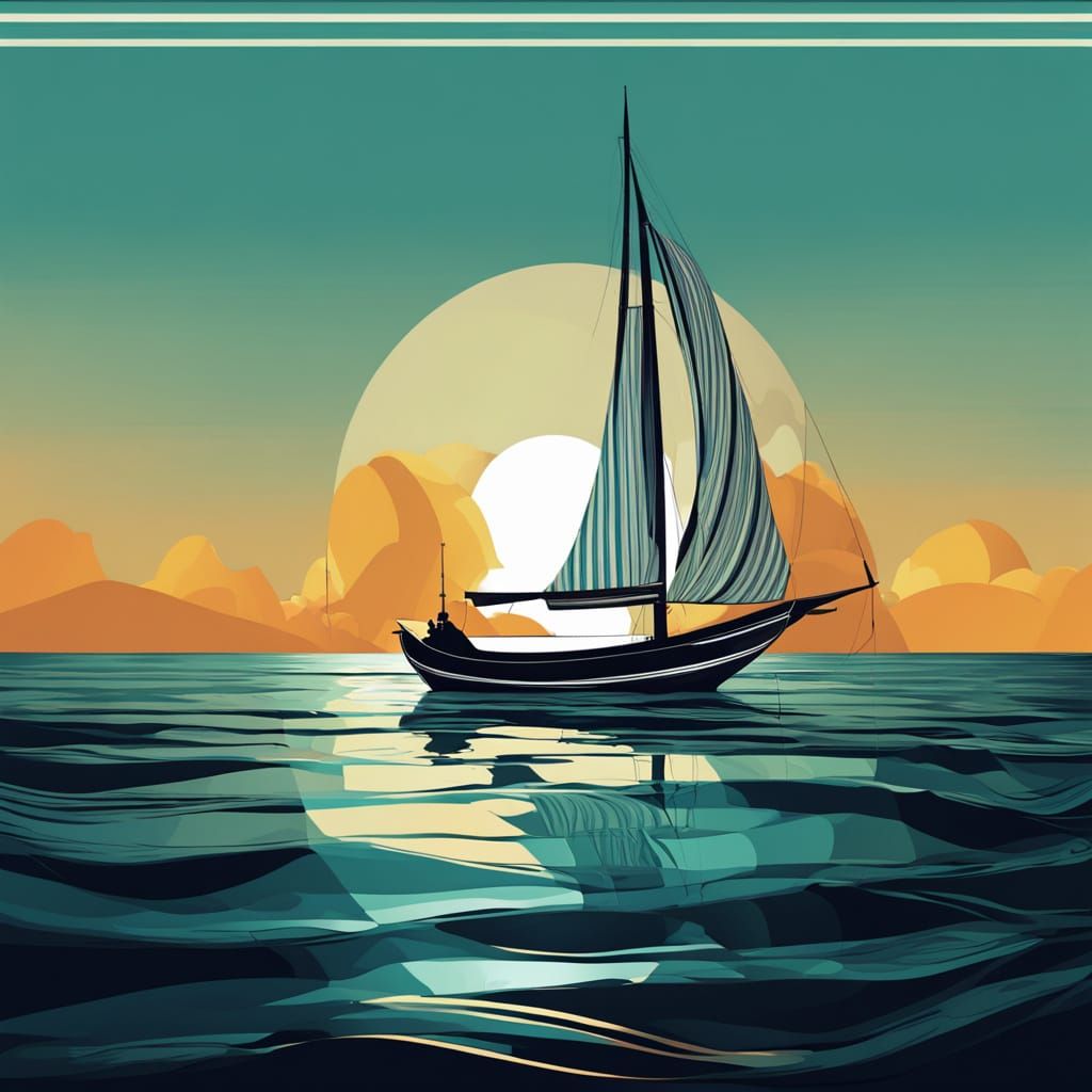 Abstract Striped Boat on Striped Sea in Geometric Style