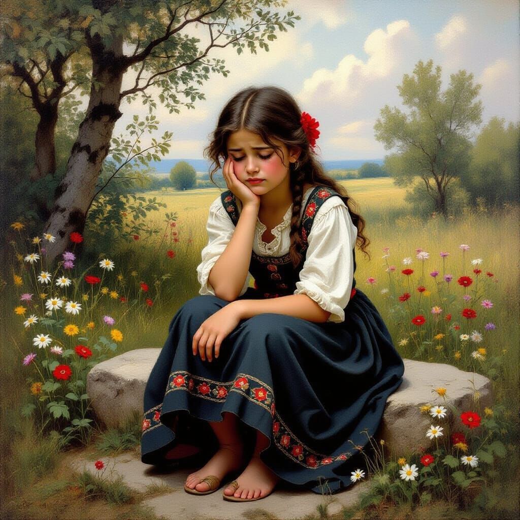 Classical Oil Painting: Crying Gypsy Girl in Meadow