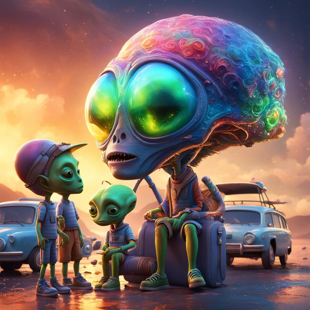 Hyperrealistic 3D Alien Family Vacation Scene