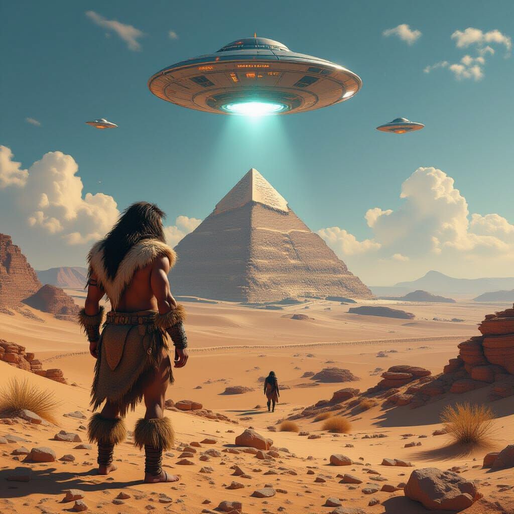 Neanderthal Encounter with UFO in Desert Landscape