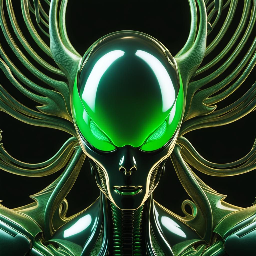Alien Archangel with Glowing Eyes in Giger Style