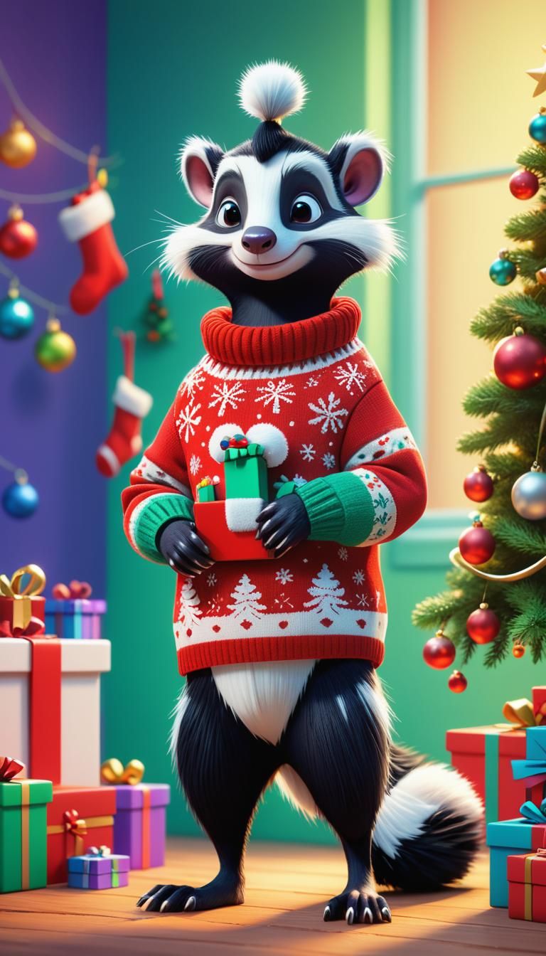 Festive Christmas Skunk Hanging Stockings: 3D Digital Art