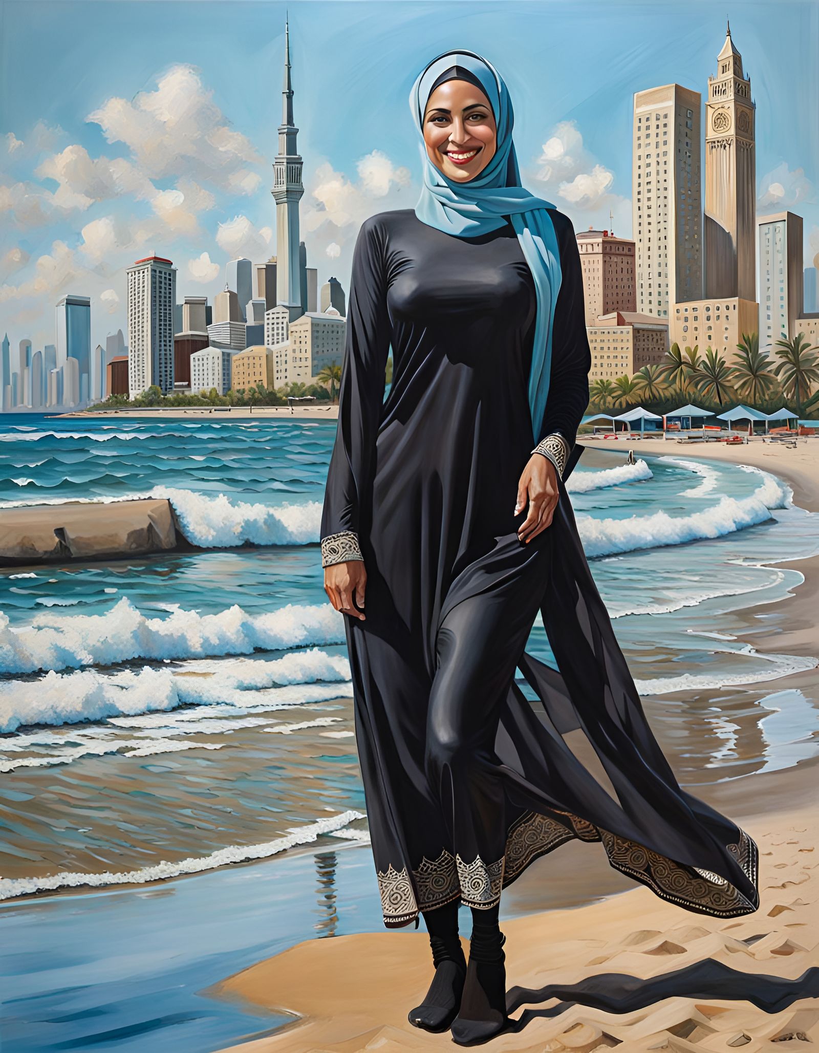 Elegant Hijabi Woman Smiling at Beach Portrait