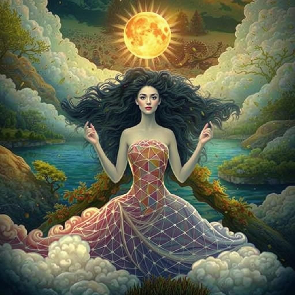 Surreal Woman with Cloud Dress in Magical Forest