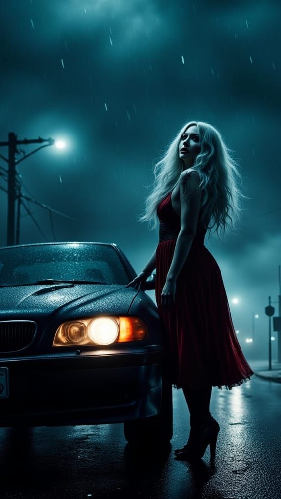 Harley Quinn in Overcast, Gloomy Midnight Rain