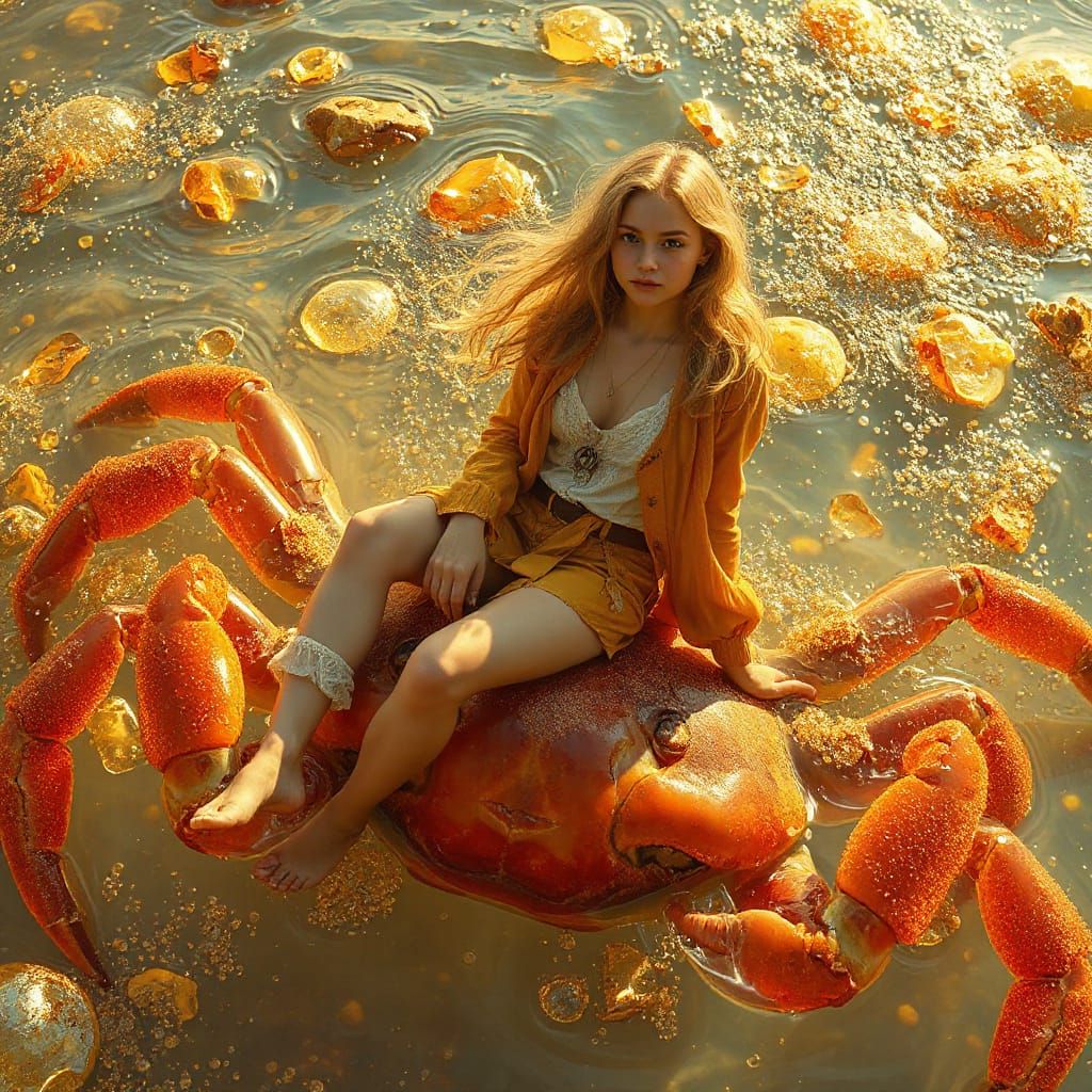 Woman on Gummy Crab in Dreamlike Soda Sea