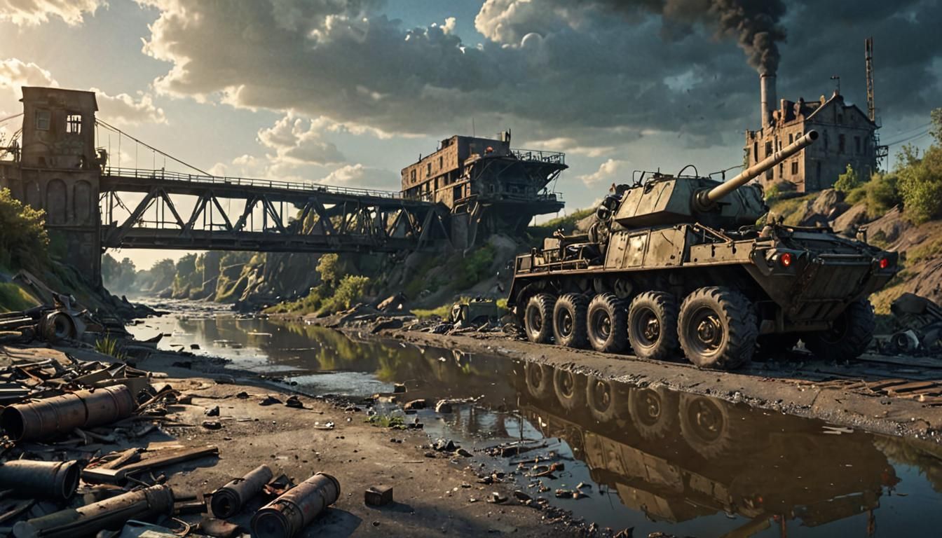 Dieselpunk Artillery Gun on Ruined Bridge