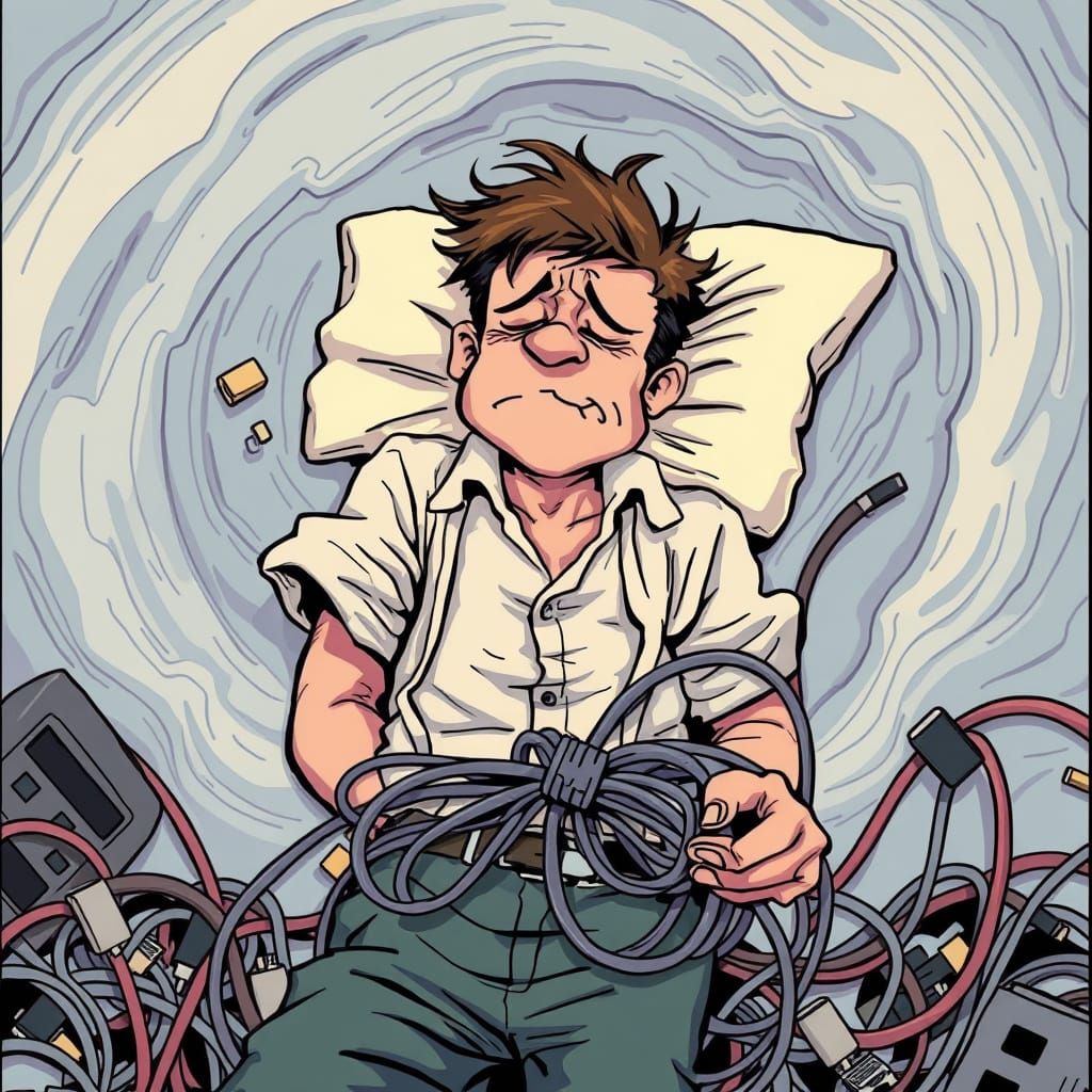 Sleepy Human Battles Tangled Charger Cables in Cartoon Style