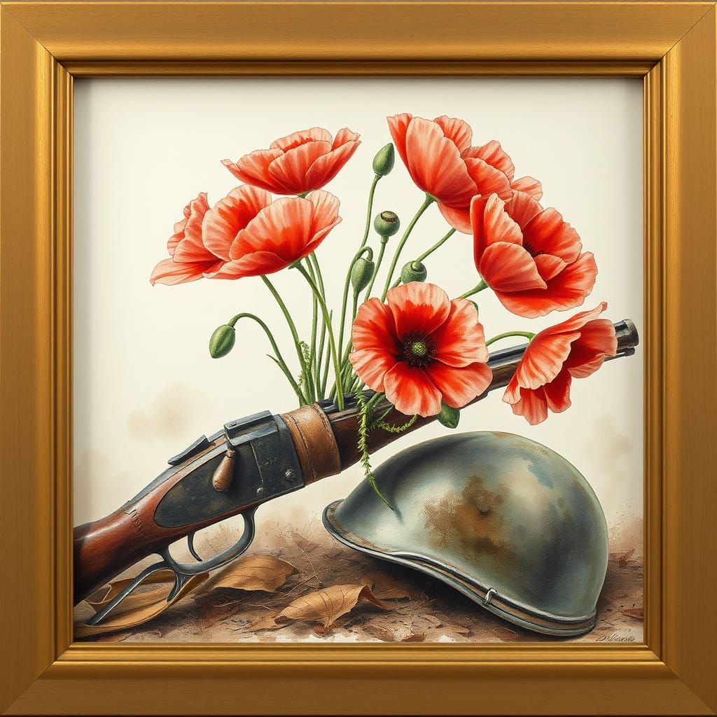 Poppies Bloom from Rifle: Watercolor in Romantic Style
