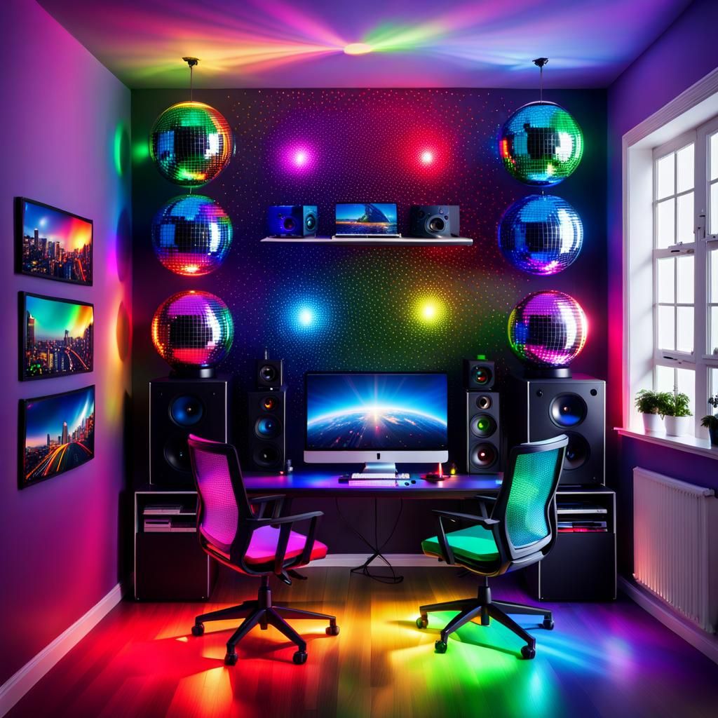 RGB Rainbow Gaming Room with Disco Ball