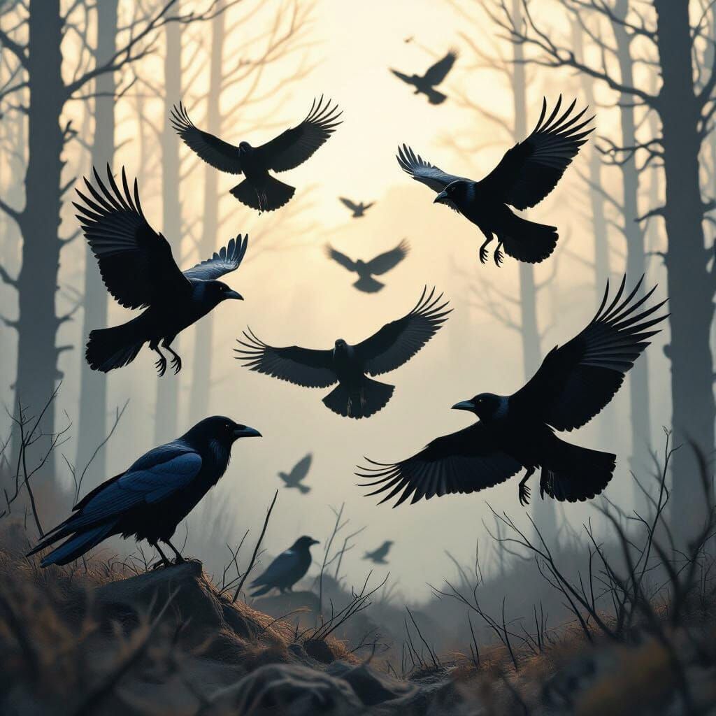 Ravens Flying Through Misty Forest in Realistic Style
