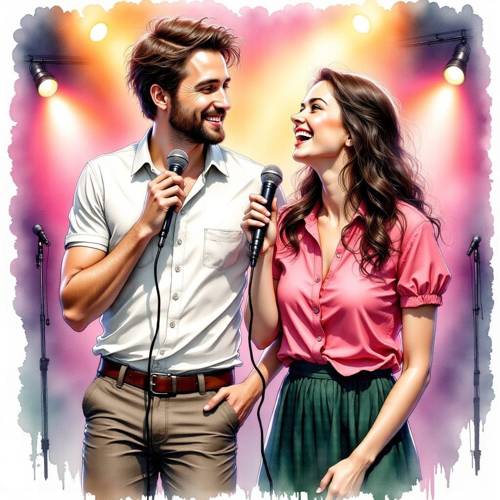 Joyful Karaoke Night in Whimsical Ink Drawing Style