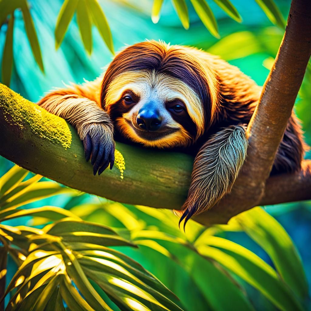 Sloth Asleep in Subtropical Surreal Splash Art
