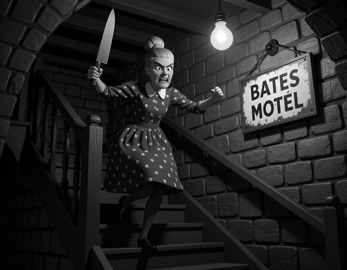 Pixar Style Man in Floral Dress with Knife, Bates Motel Cell...