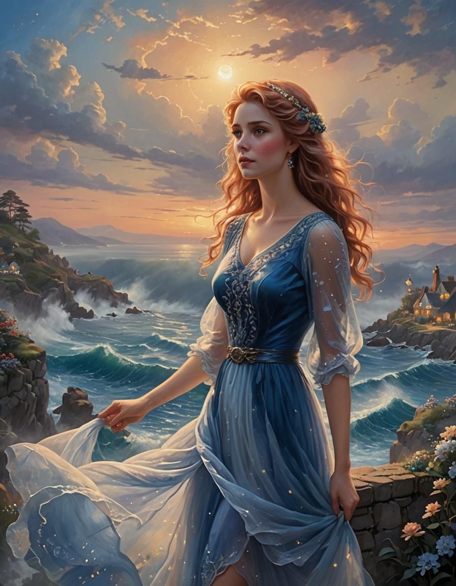Woman with Blue Hair in Ethereal Sunset Scene