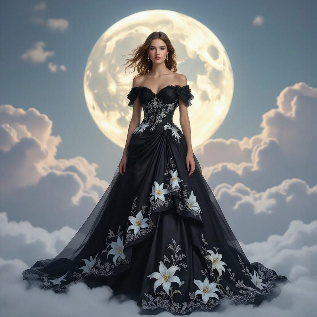 Victorian Gown with Moon Phases and Lilies