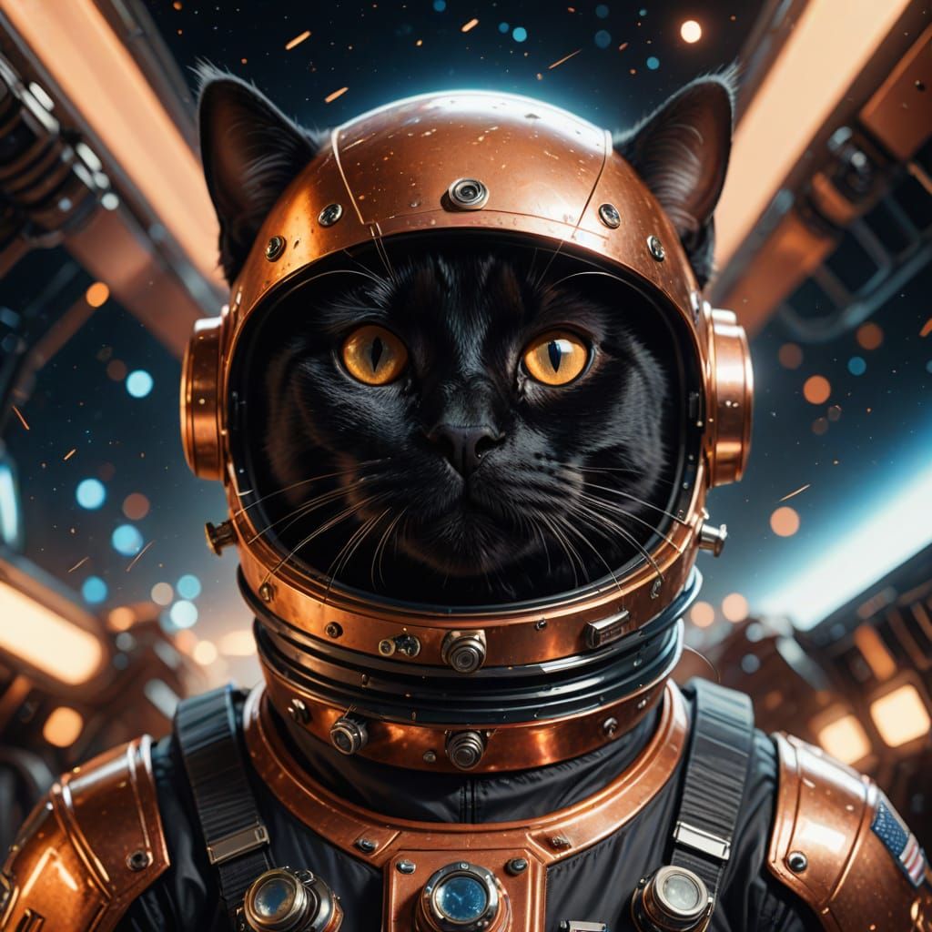 Cute Black Cat in Shiny Copper Space Suit as Digital Art