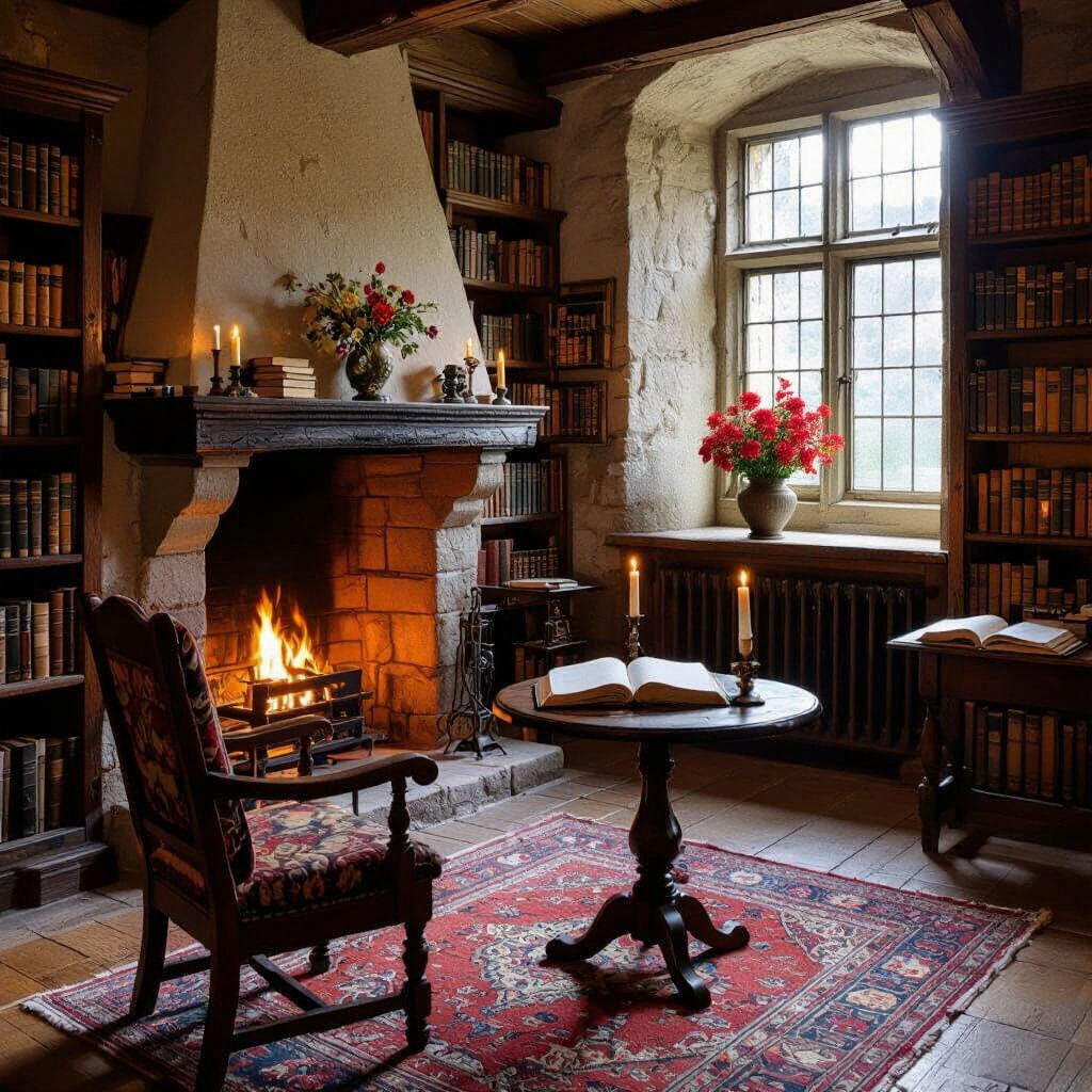 Medieval Manor Library with Fireplace and Flowers