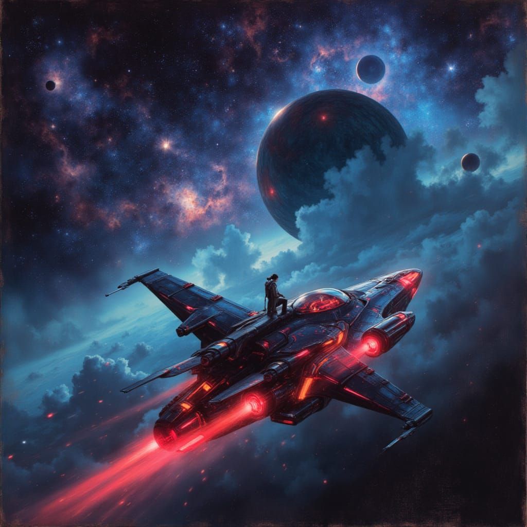 Futuristic Spacecraft Approaches Alien Planet in Oil Paintin...
