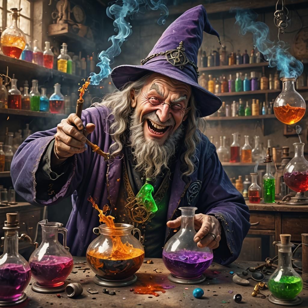 Evil Wizard Laughing in Laboratory with Potions
