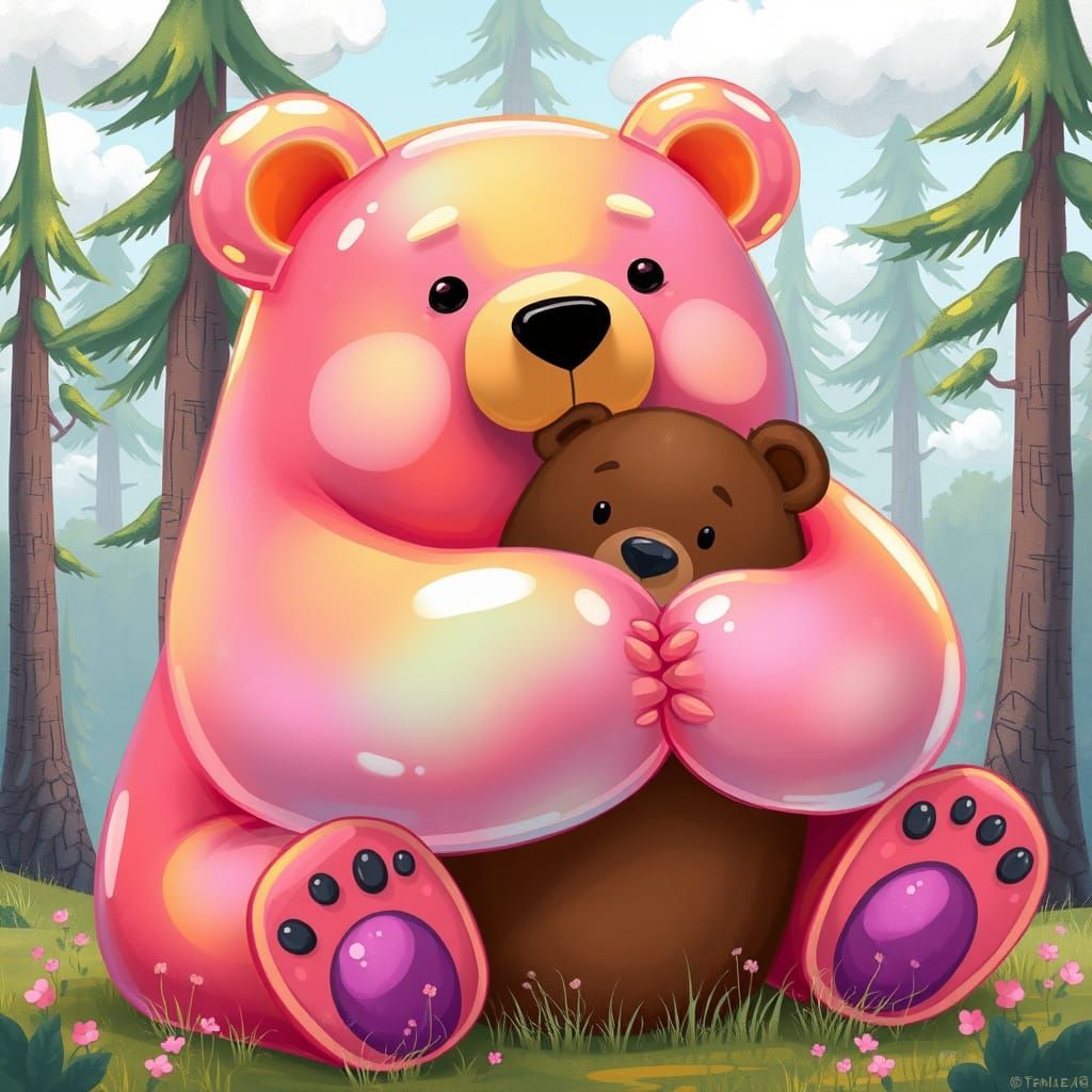 Giant Gummy Bear Hugs Gentle Brown Bear in Whimsical Forest