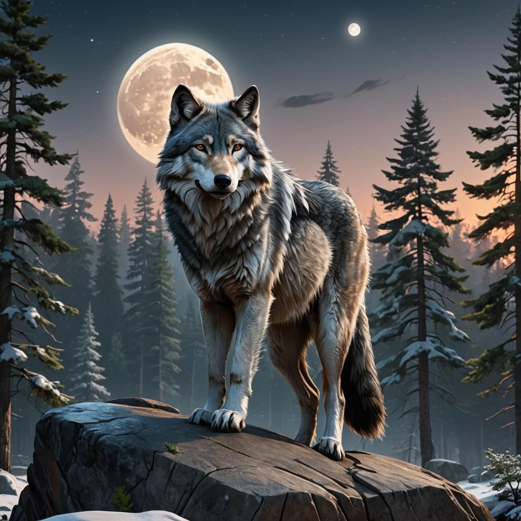 Grey Wolf on Rock Under Moon, Matte Painting