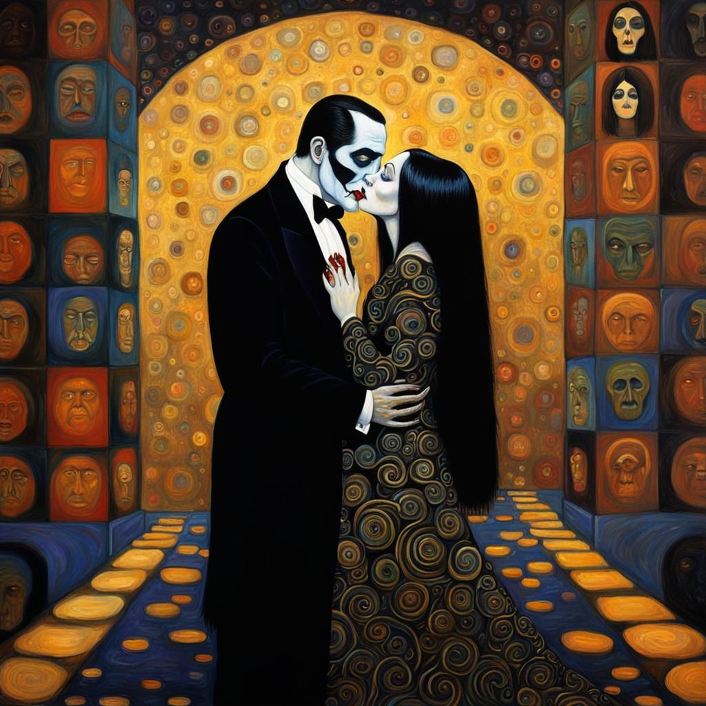 Gomez and Morticia Recreate 'The Kiss' in Klimt Style