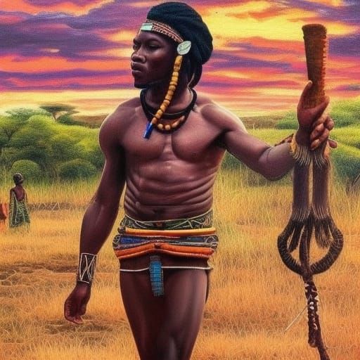 Stunning African Man in Village, Oil Painting Style