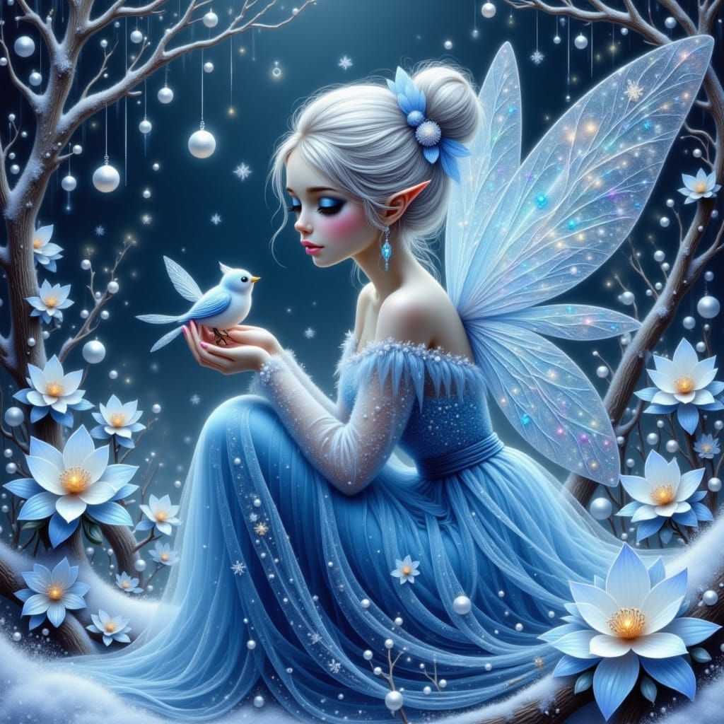 Ethereal Fairy Holds Snowy Bird in Frosty Winter Wonderland
