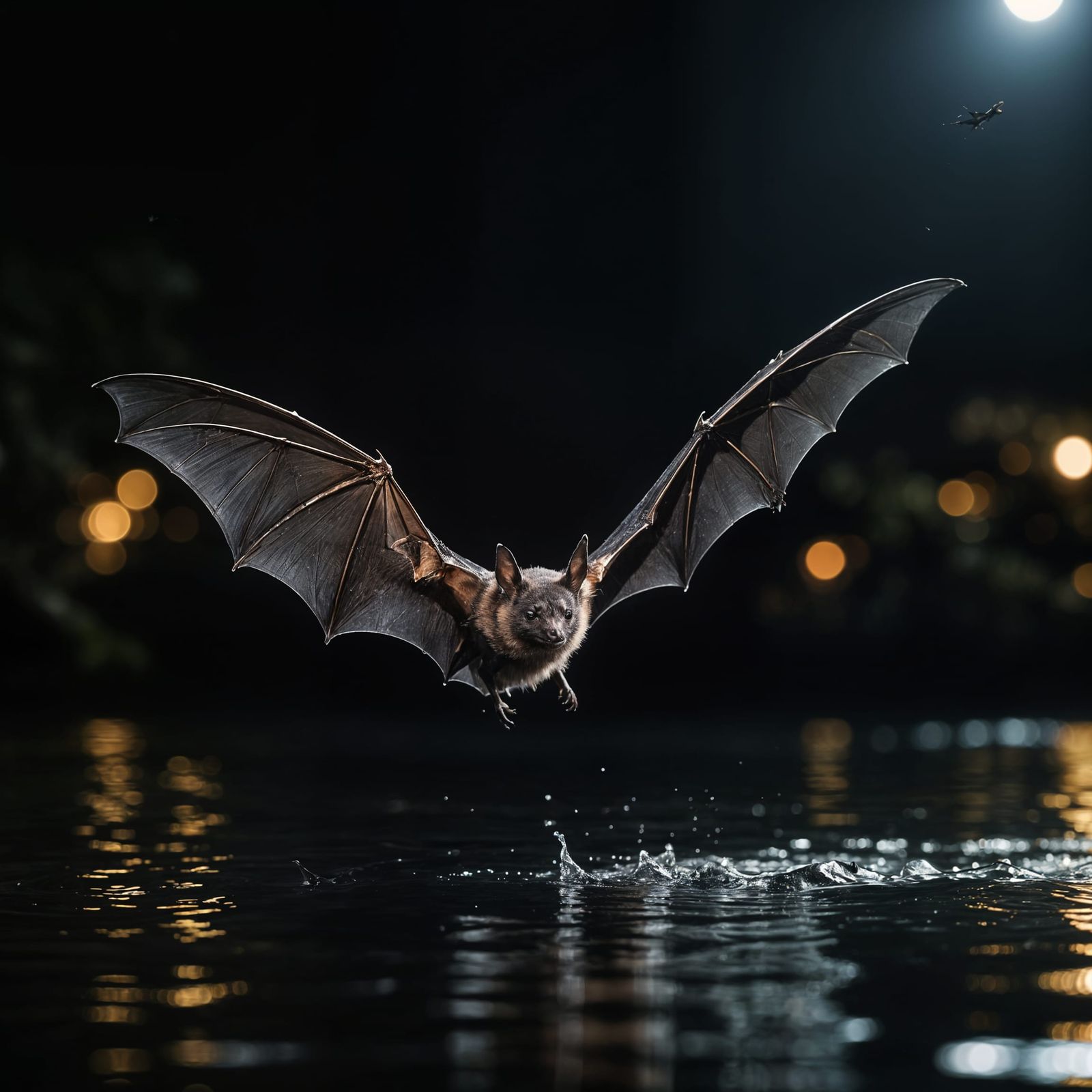 Bat in Flight Over Dark Water, Nighttime