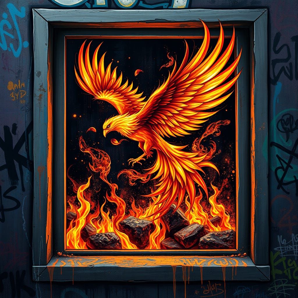 Fiery Phoenix Soars Above Blazing Inferno in Urban Window