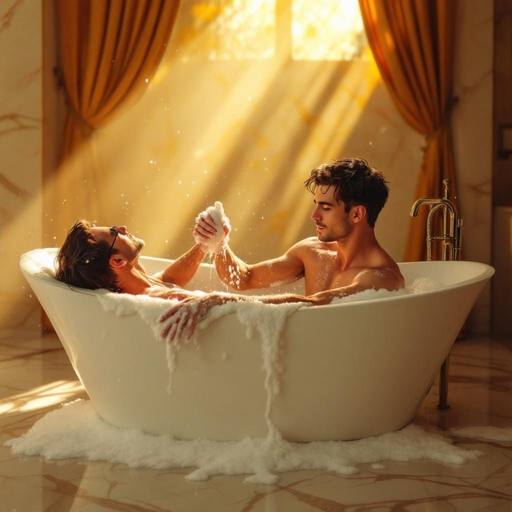 Men in Luxurious Bathtub: Hyperrealistic Splash Art