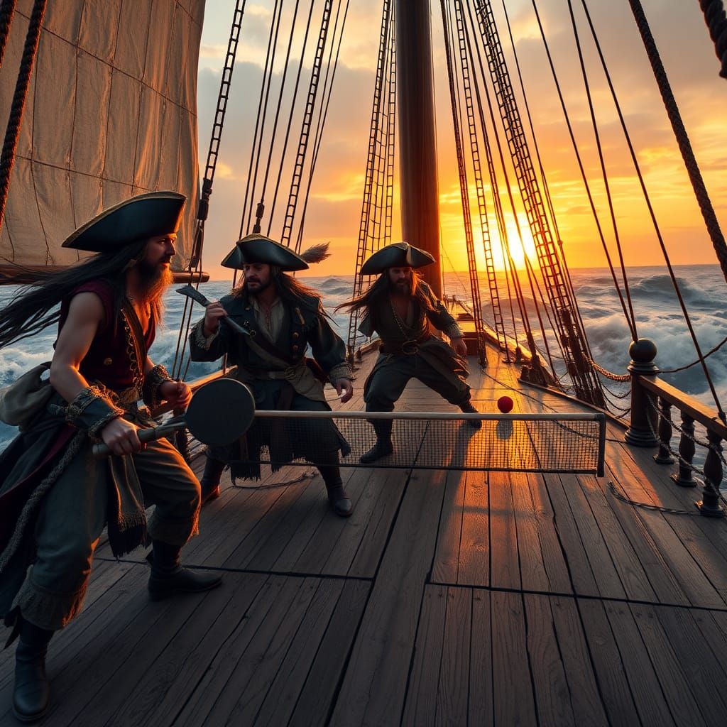 Pirates Play Pickleball on Ship at Sunset