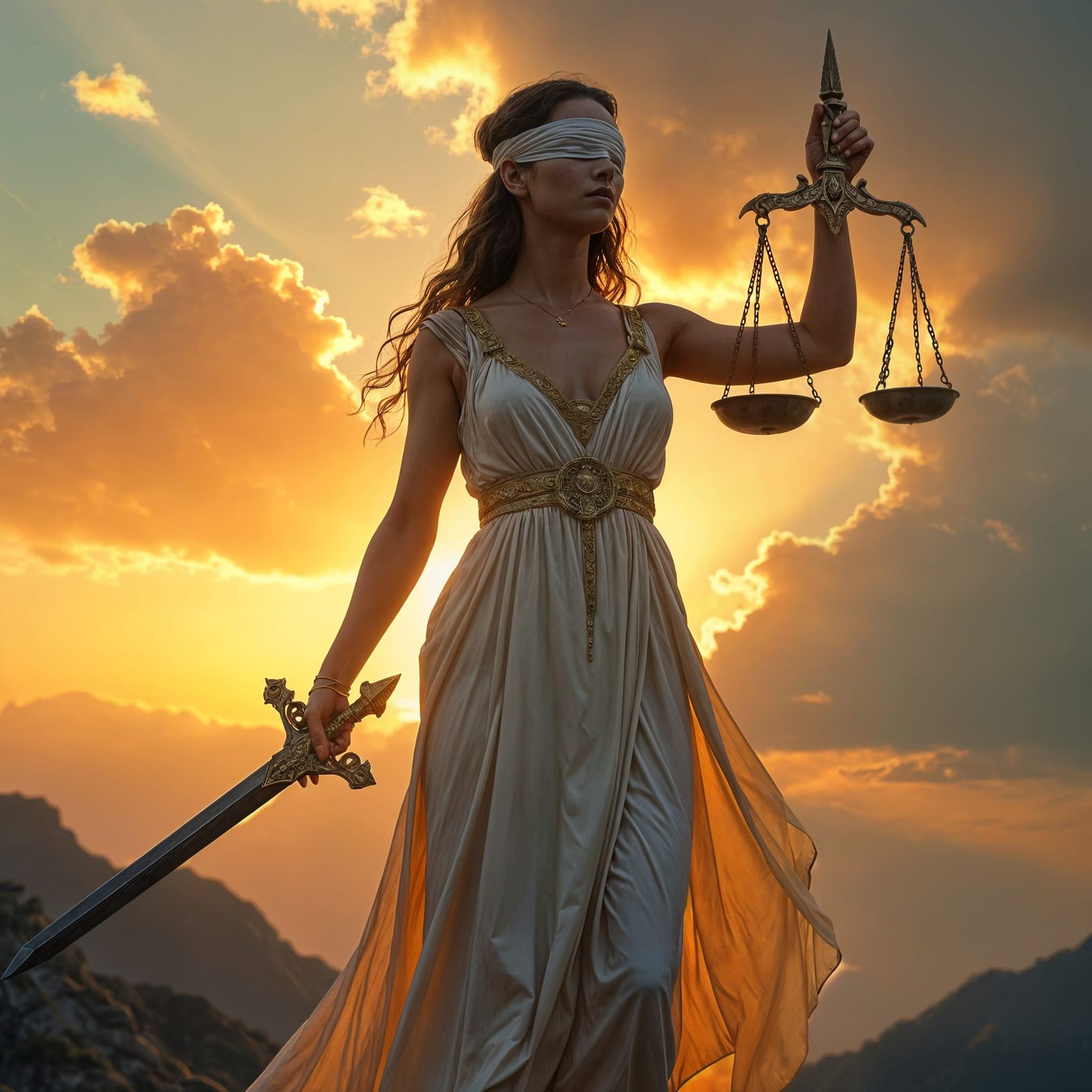 Divine Female Figure of Justice in Sunset Glory
