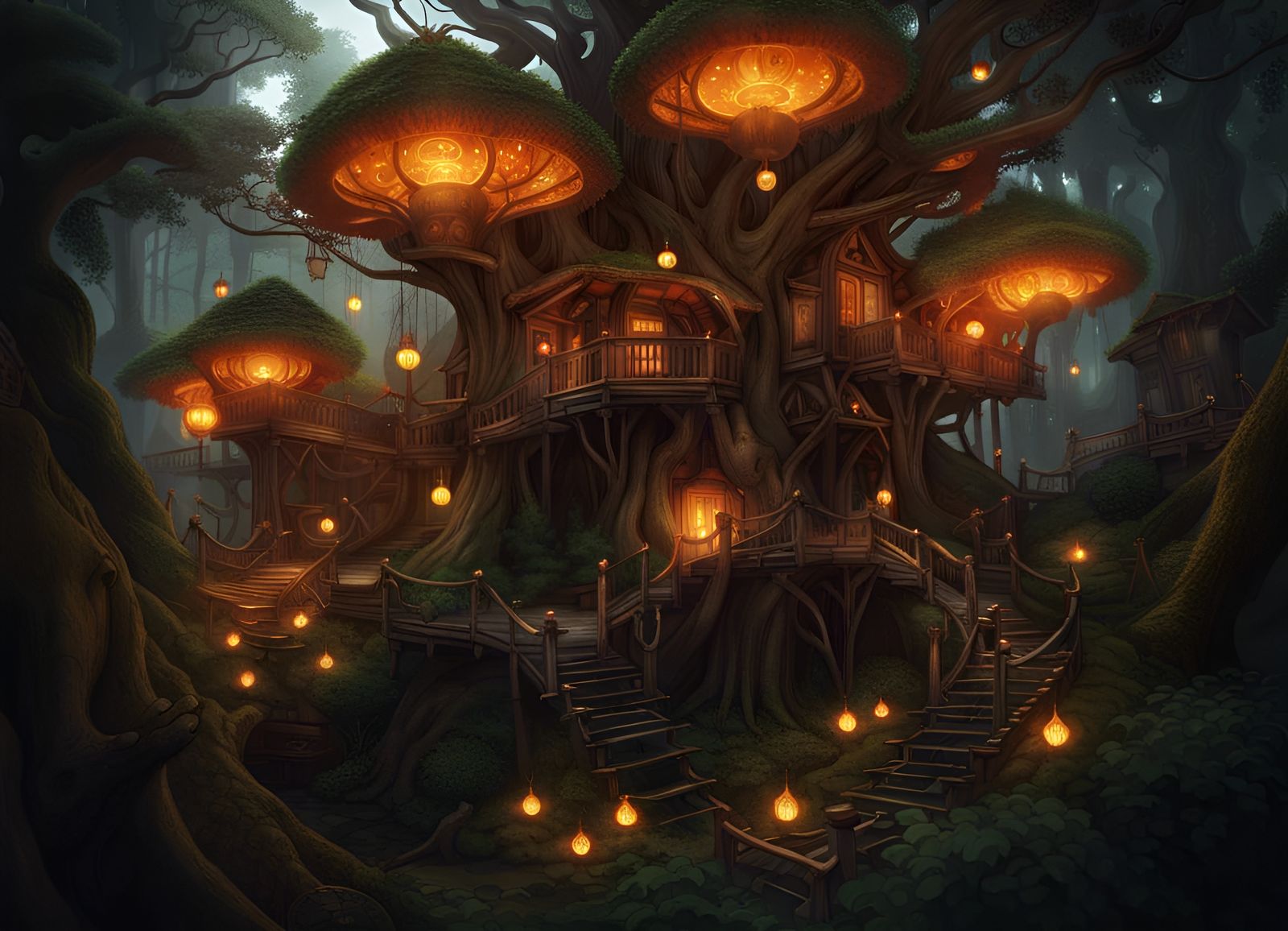 Ethereal Elven Forest Village with Glowing Lanterns